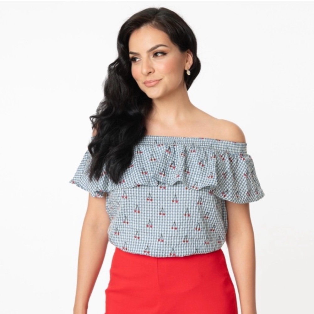Unique Vintage gingham print cherry top